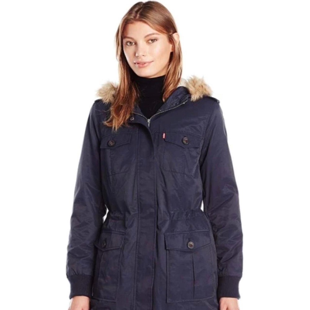 Levi's Faux Fur Hooded Utility Parka Women's Navy Sherpa Lined Winter Coat